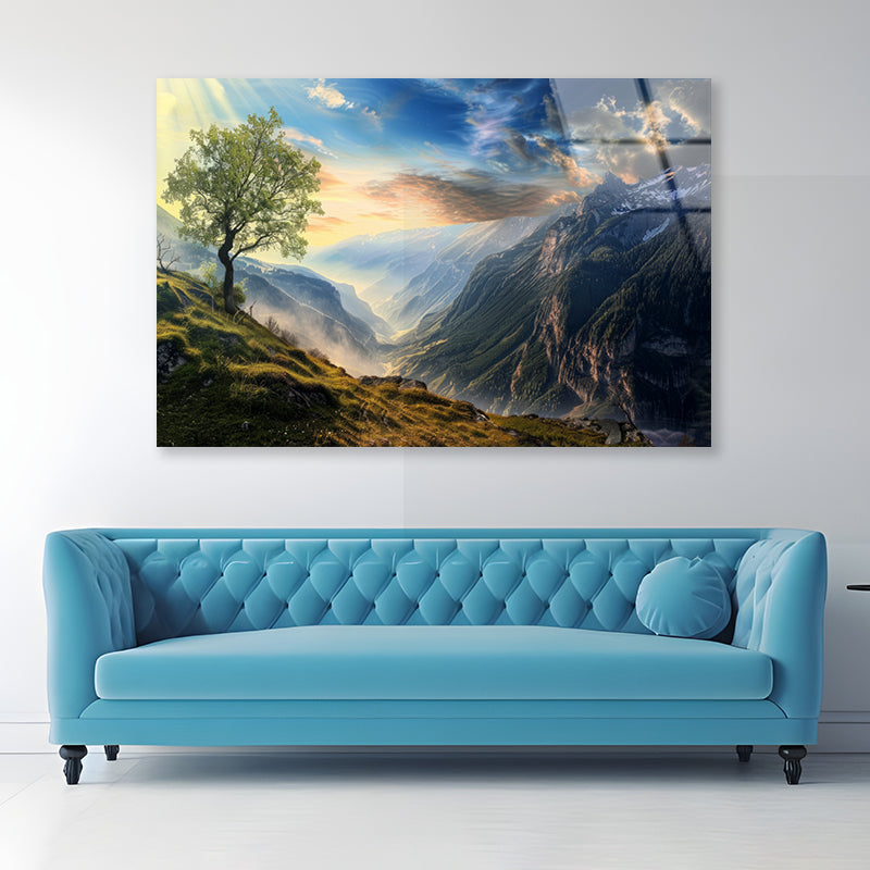 Mountain Range with a Tree Acrylic Glass Print Tempered Glass Wall Art 100% Made in Australia Ready to Hang - Bella Home Decor