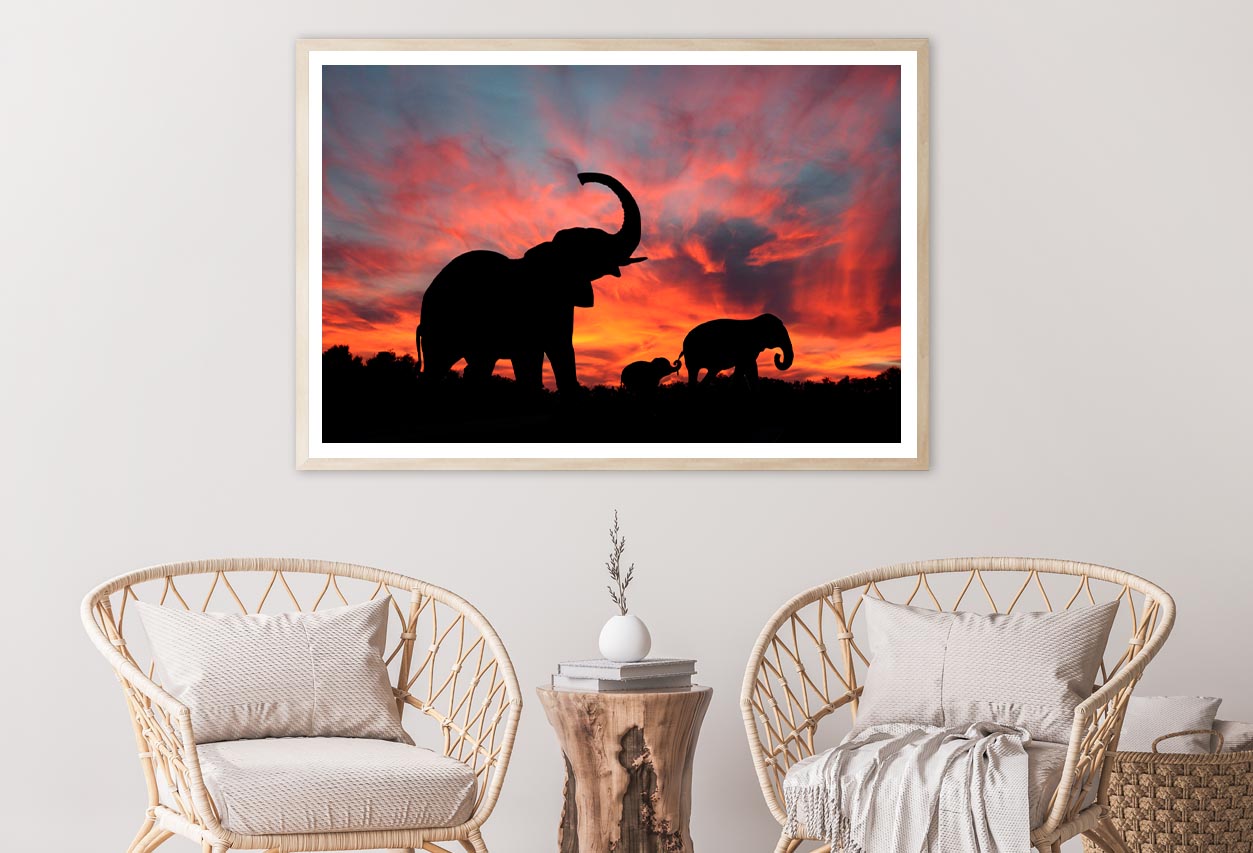 Elephant Family & Sunset Sky View Home Decor Premium Quality Poster Print Choose Your Sizes