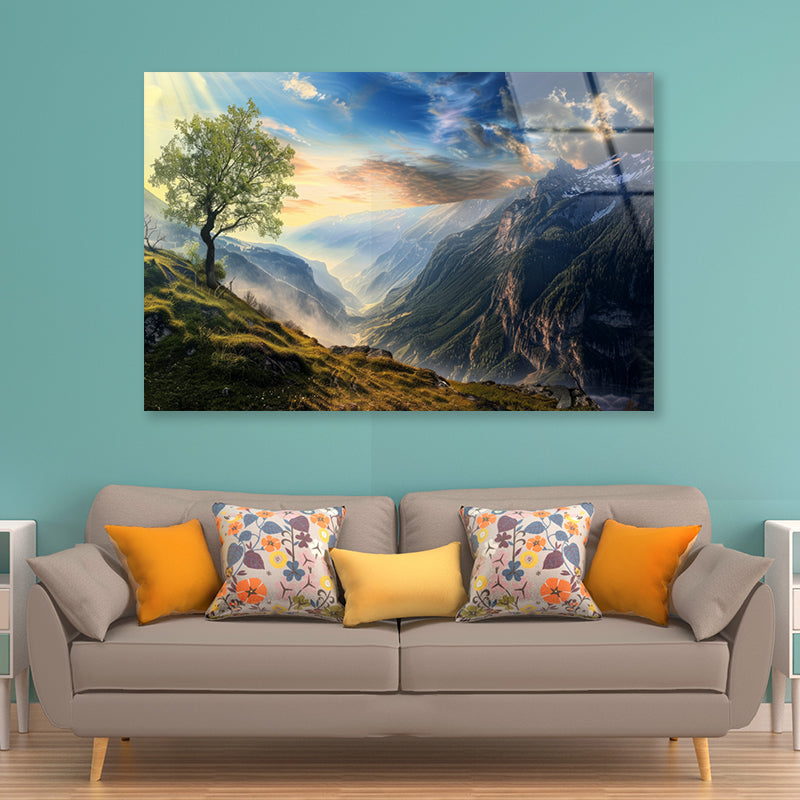 Mountain Range with a Tree Acrylic Glass Print Tempered Glass Wall Art 100% Made in Australia Ready to Hang - Bella Home Decor