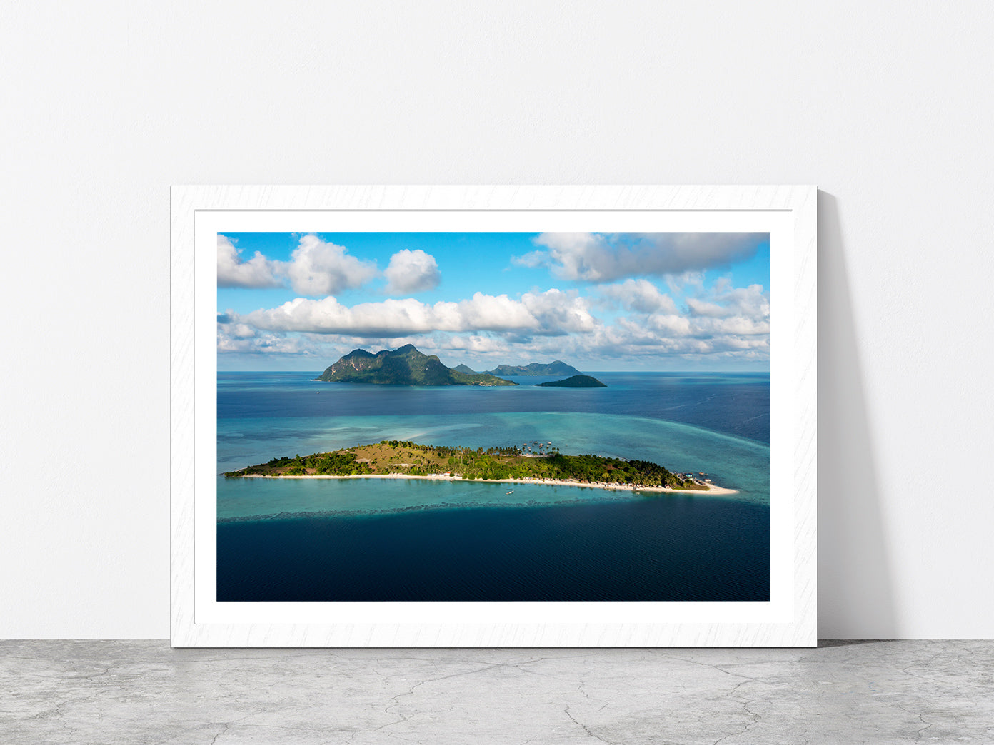 Maiga & Bohey Dulang Island Glass Framed Wall Art, Ready to Hang Quality Print With White Border White