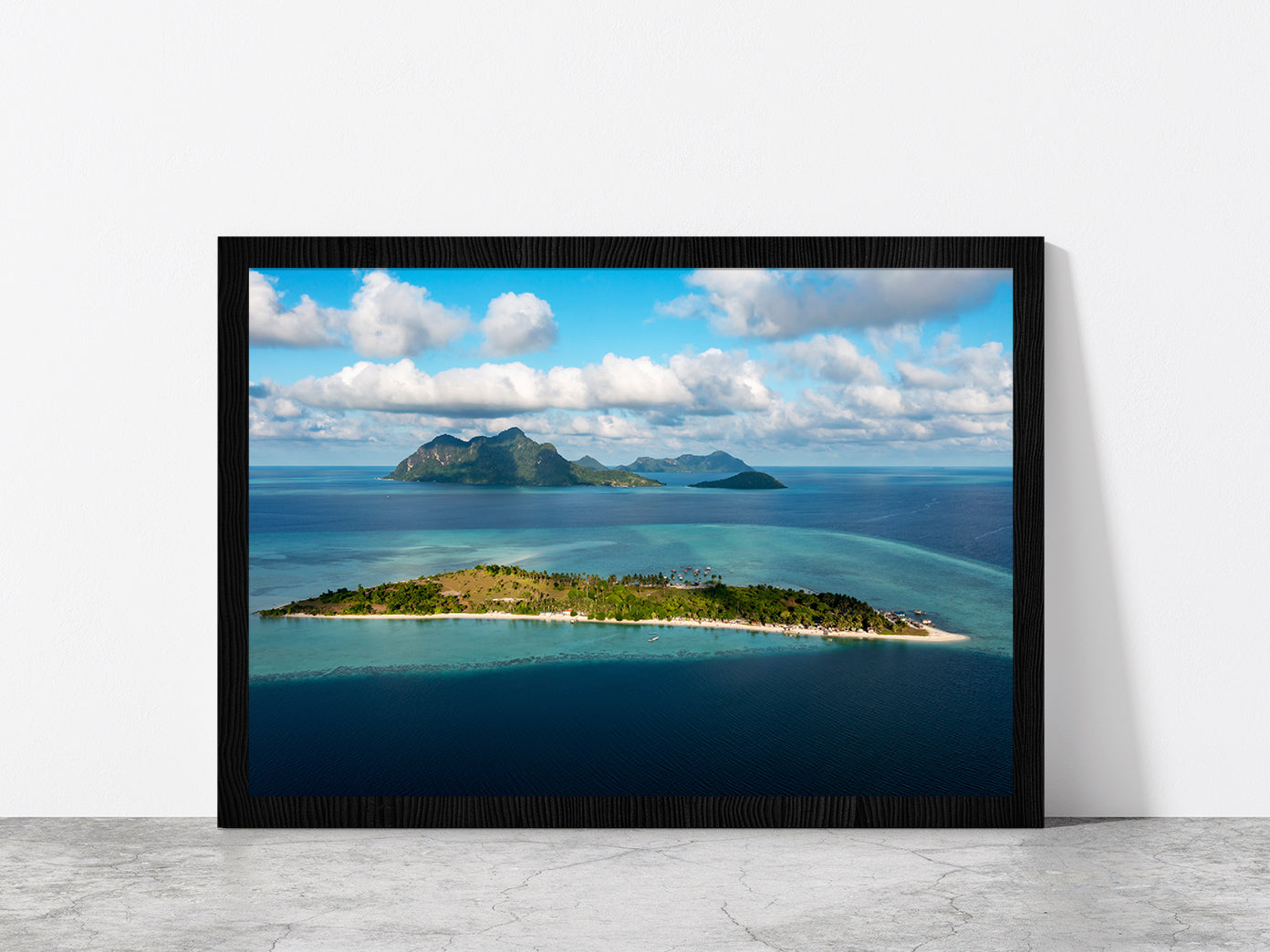 Maiga & Bohey Dulang Island Glass Framed Wall Art, Ready to Hang Quality Print Without White Border Black