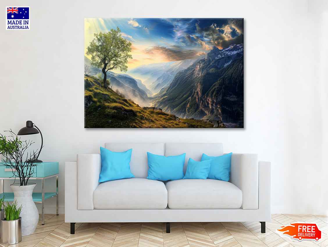 Mountain Range with a Tree Print 100% Australian Made - Bella Home Decor