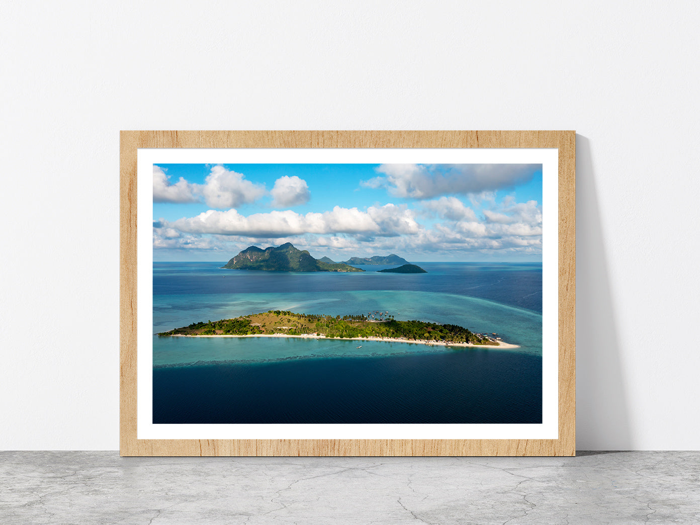 Maiga & Bohey Dulang Island Glass Framed Wall Art, Ready to Hang Quality Print With White Border Oak