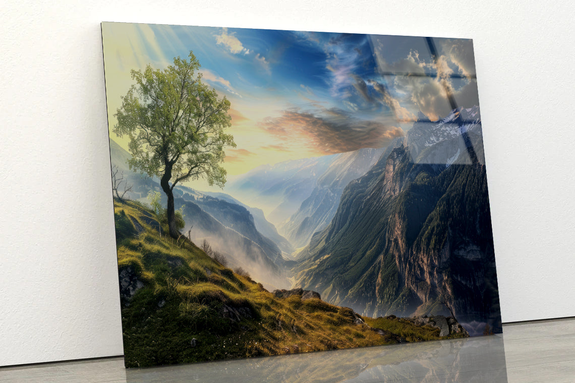 Mountain Range with a Tree Acrylic Glass Print Tempered Glass Wall Art 100% Made in Australia Ready to Hang - Bella Home Decor