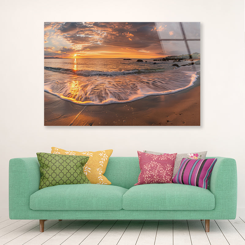 Beach Scene with Waves and a Sunset Acrylic Glass Print Tempered Glass Wall Art 100% Made in Australia Ready to Hang - Bella Home Decor