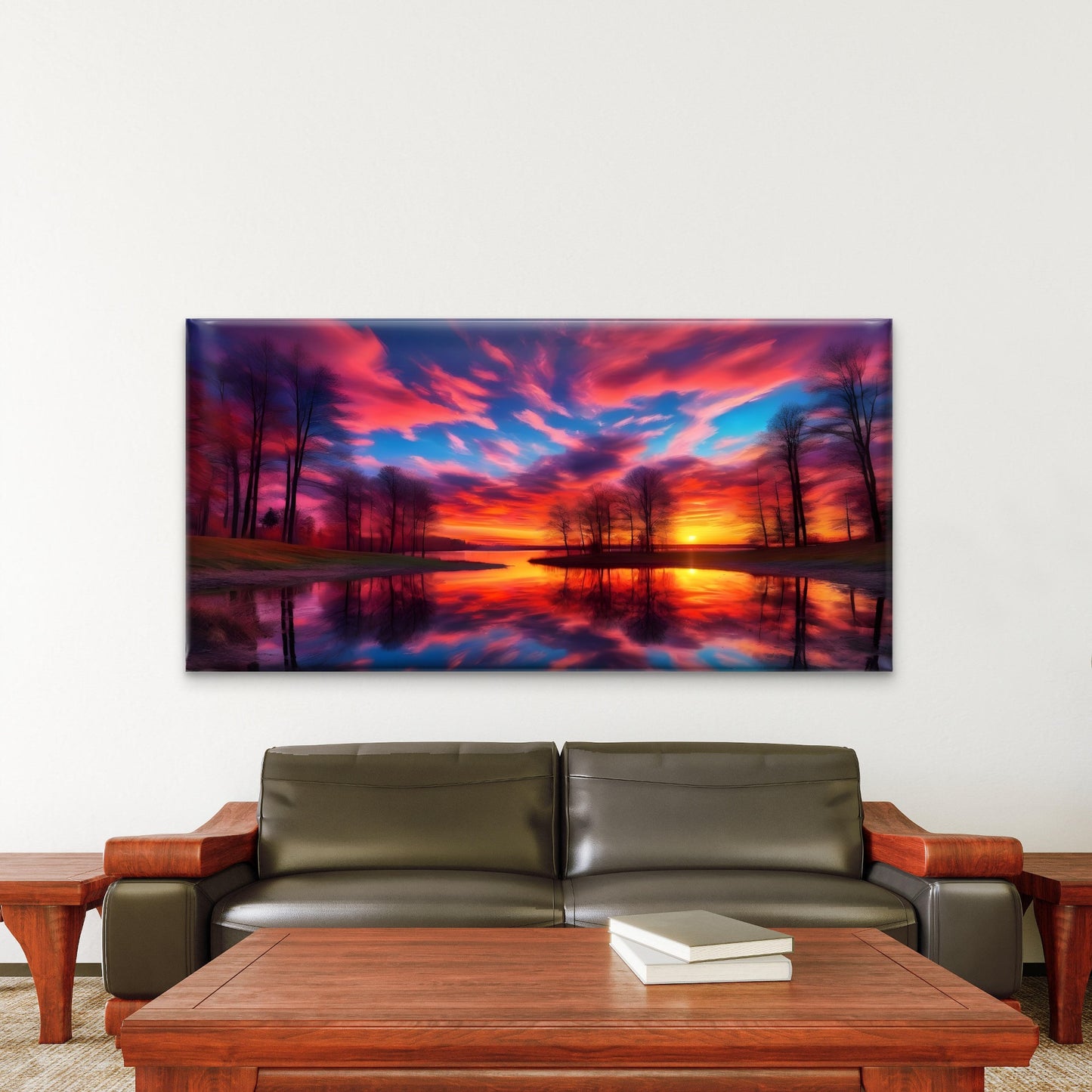 Fiery Sunset Reflection Scene Wall Art Canvas Office Home Room Framed 120x60cm