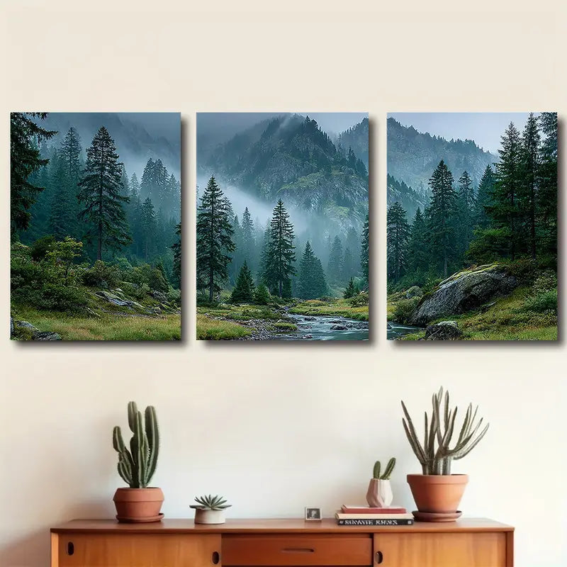 3pcs Canadian Forest Misty Stream Scene Wall Art Set Canvas Framed 40x60cm - High Quality Print 100% Australian Made Wall Canvas Ready to Hang - Bella Home Decor