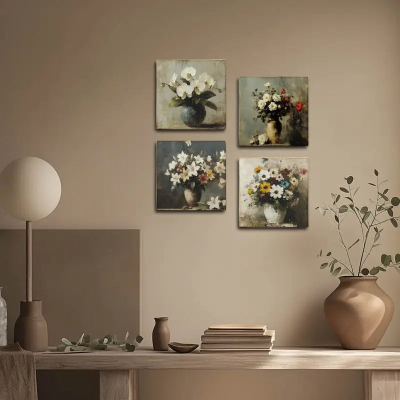 4pcs Orchid,Rose And Wild-lily Flower Vase Wall Art Canvas Framed