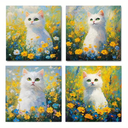 4pcs Flower White Cat Poster Fun Cat Wall Art Canvas Framed