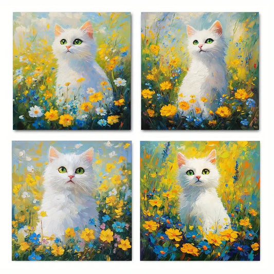 4pcs Flower White Cat Poster Fun Cat Wall Art Canvas Framed