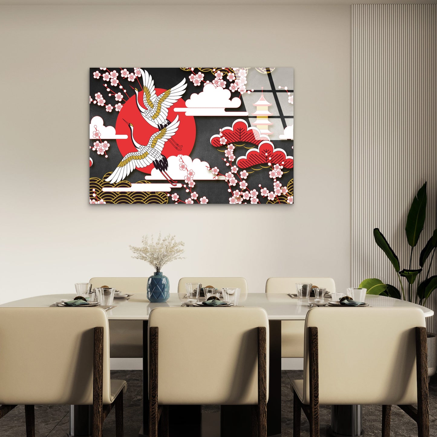 Flying Cranes Red Rising Sun Glass Printing Wall Art Australian Made Quality