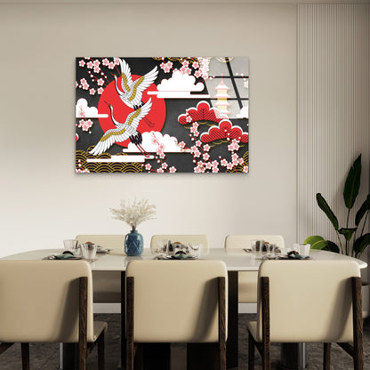 Flying Cranes Red Rising Sun Glass Printing Wall Art Australian Made Quality
