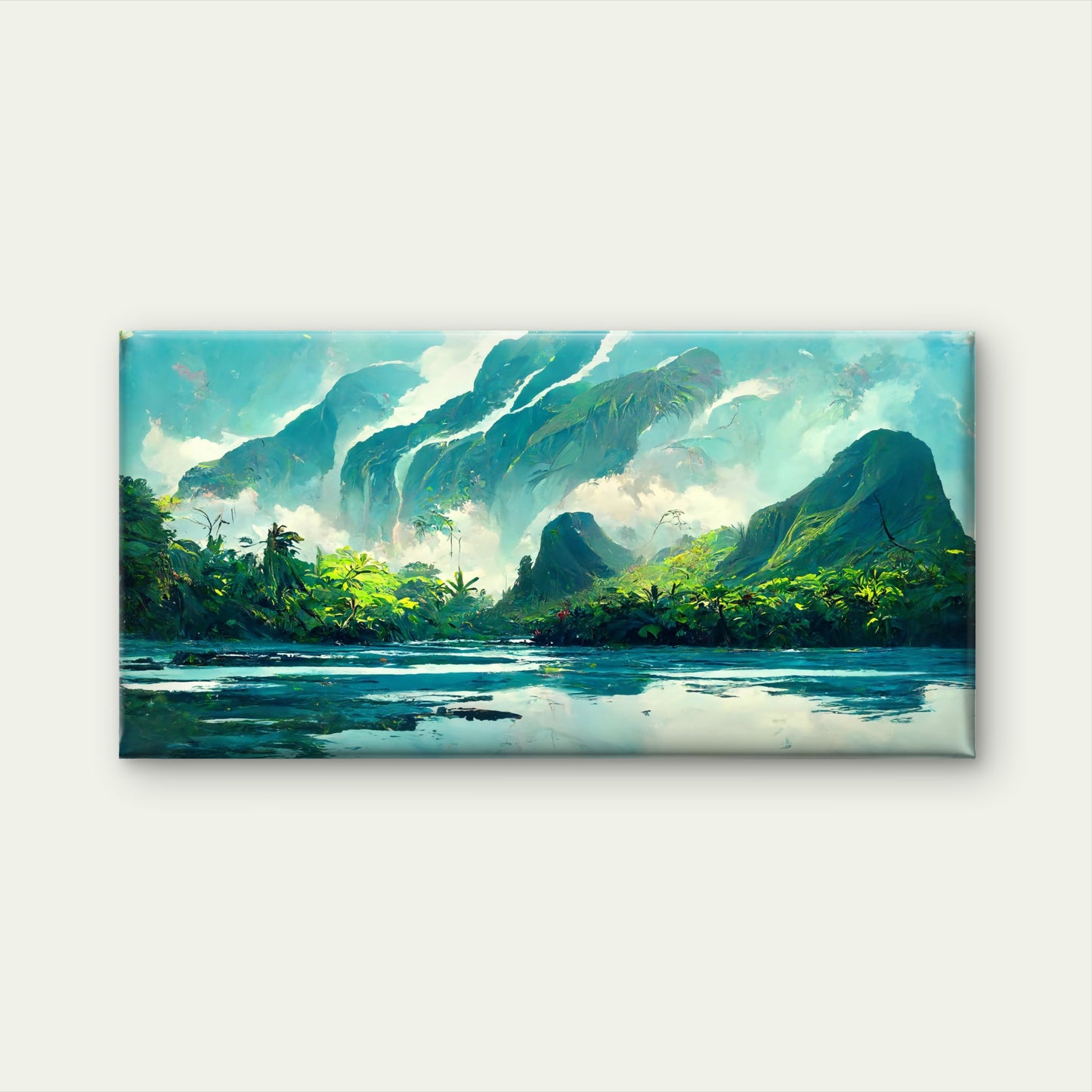 Tropical Teal Mountain Island Wall Art Canvas Office Home Room Framed 120x60cm - Bella Home Decor