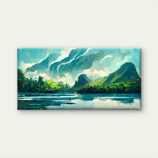 Tropical Teal Mountain Island Wall Art Canvas Office Home Room Framed 120x60cm