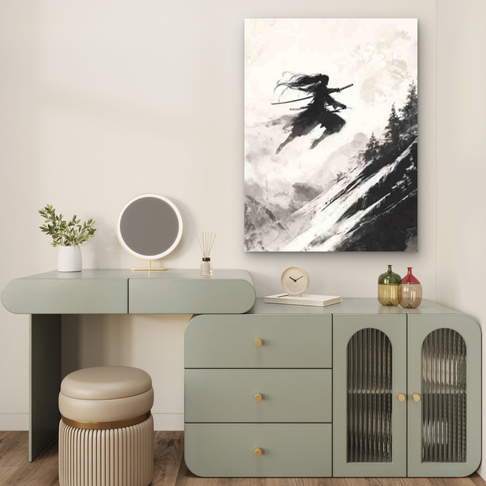 Abstract Long-Haired Samurai Ink Painting 40x60cm Metal Print Ready to Hang - Bella Home Decor