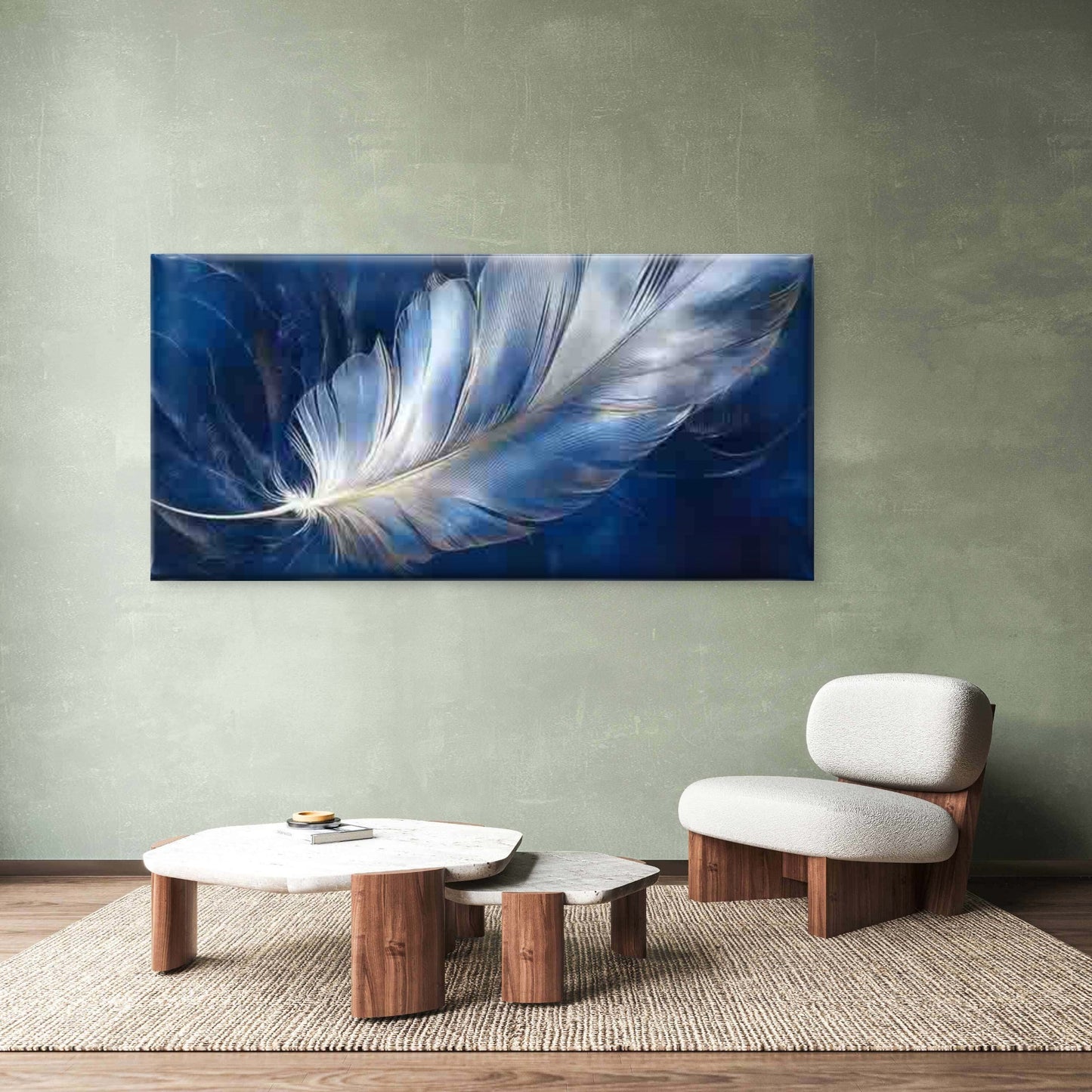 Blue And White Feather Wall Art Canvas Office Home Room Framed 120x60cm - Bella Home Decor