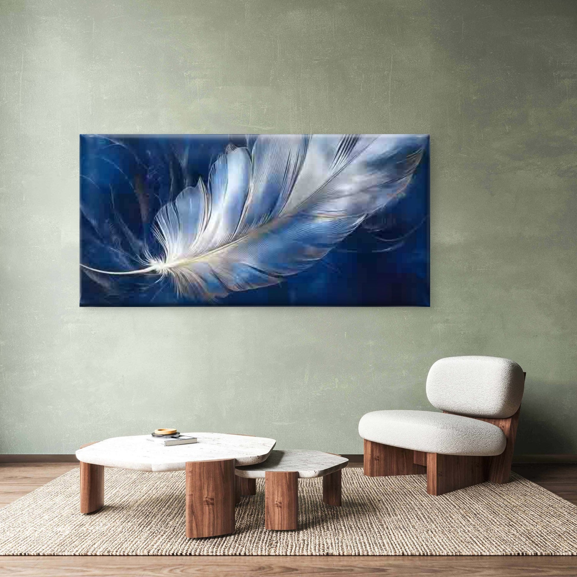 Blue And White Feather Wall Art Canvas Office Home Room Framed 120x60cm - Bella Home Decor