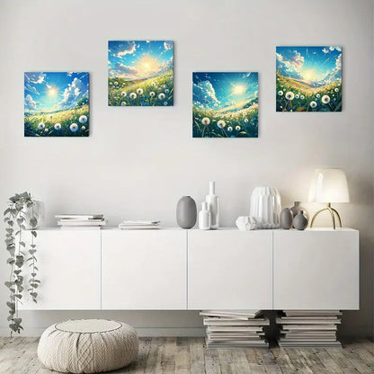 4pcs Dandelion Sunrise Landscape Wall Art Canvas Framed