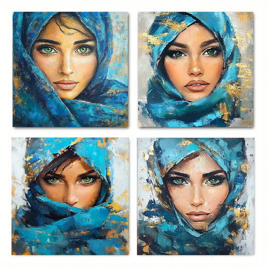 4pcs  Vibrant Blue Scarf & Headdress BS  Wall Art Canvas Framed