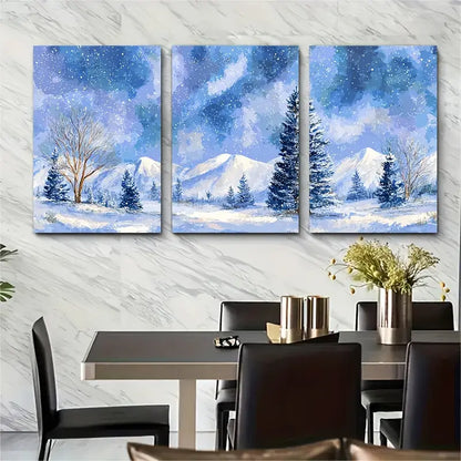 3pcs Winter Wonderland Watercolor Snowy Mountain Metal Print Ready to Hang Art