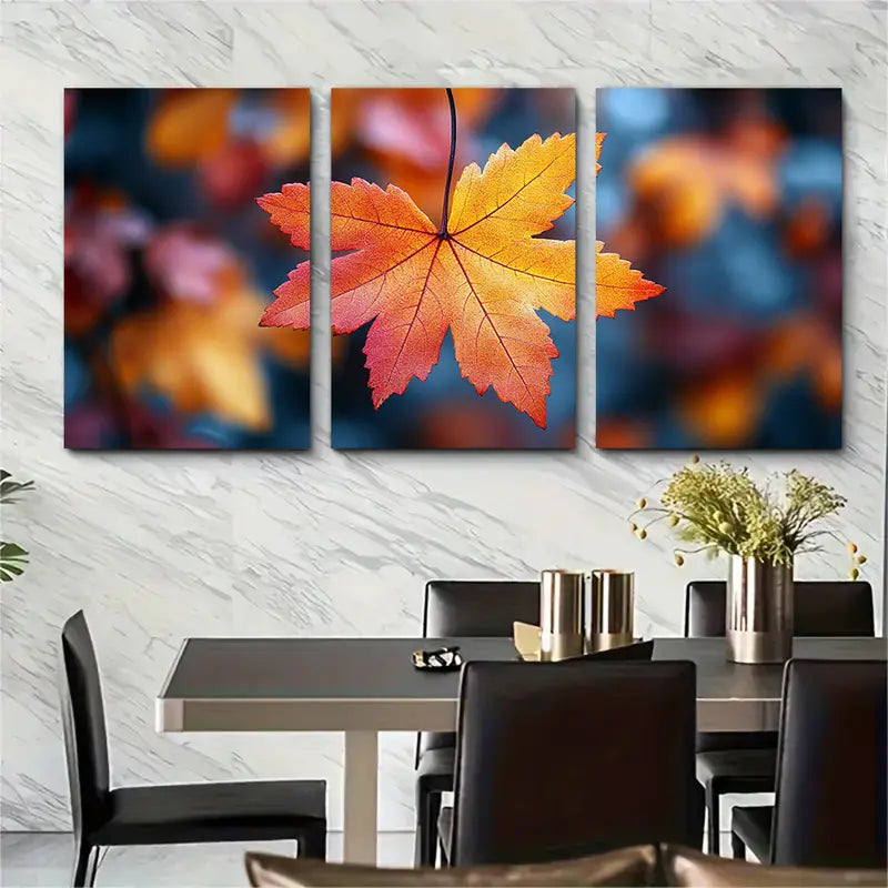 3pcs Vibrant Autumn Maple Leaf Canvas Metal Print Ready to Hang Art