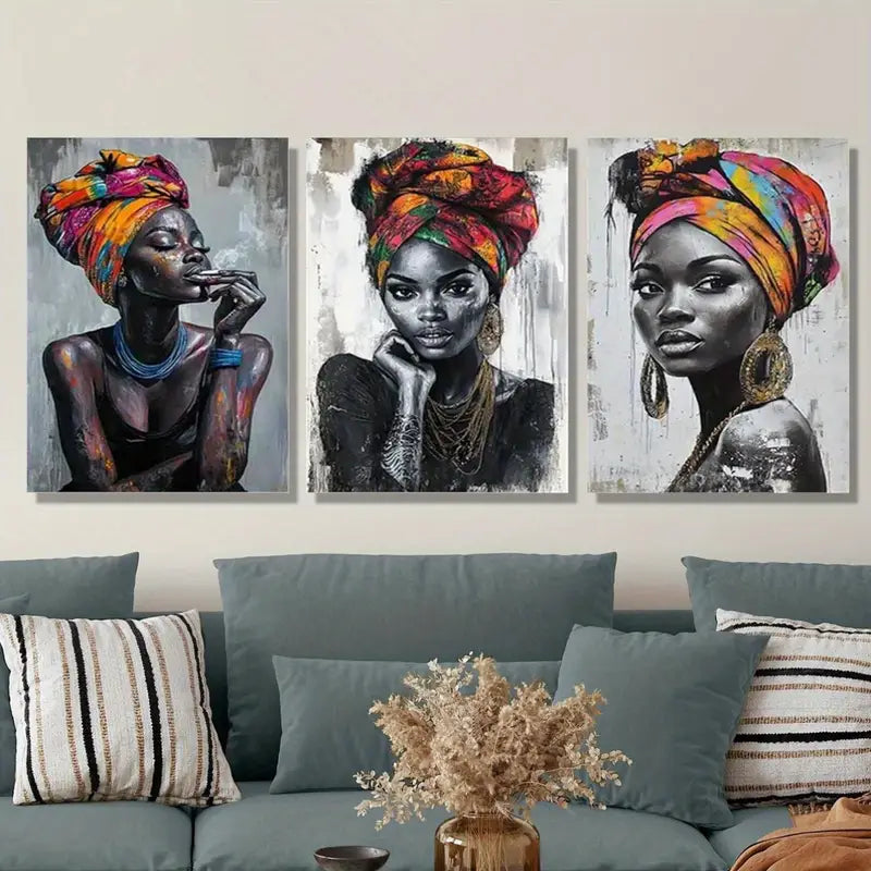 3pcs Vibrant African American Ladies With Traditio Metal Print Ready to Hang Art