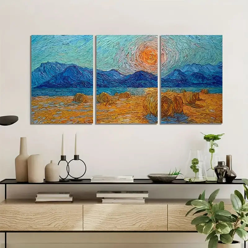 3pcs Van Gogh Hay Bales With Mountains Rustic Metal Print Ready to Hang Art