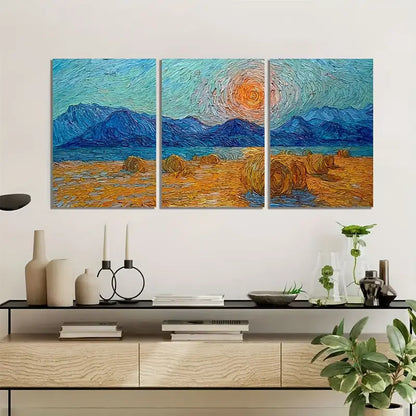 3pcs Van Gogh Hay Bales With Mountains Rustic Metal Print Ready to Hang Art