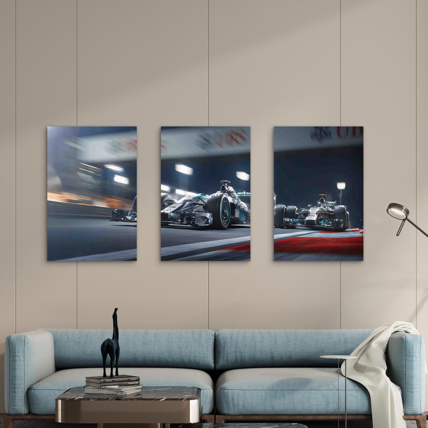 3pcs Formula Racing Car Night Circuit Duel Metal Print Ready to Hang Art