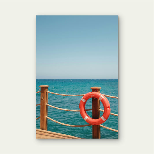 Orange Lifebuoy Hanging On A Wooden Pier 60x90cm Metal Print Ready to Hang