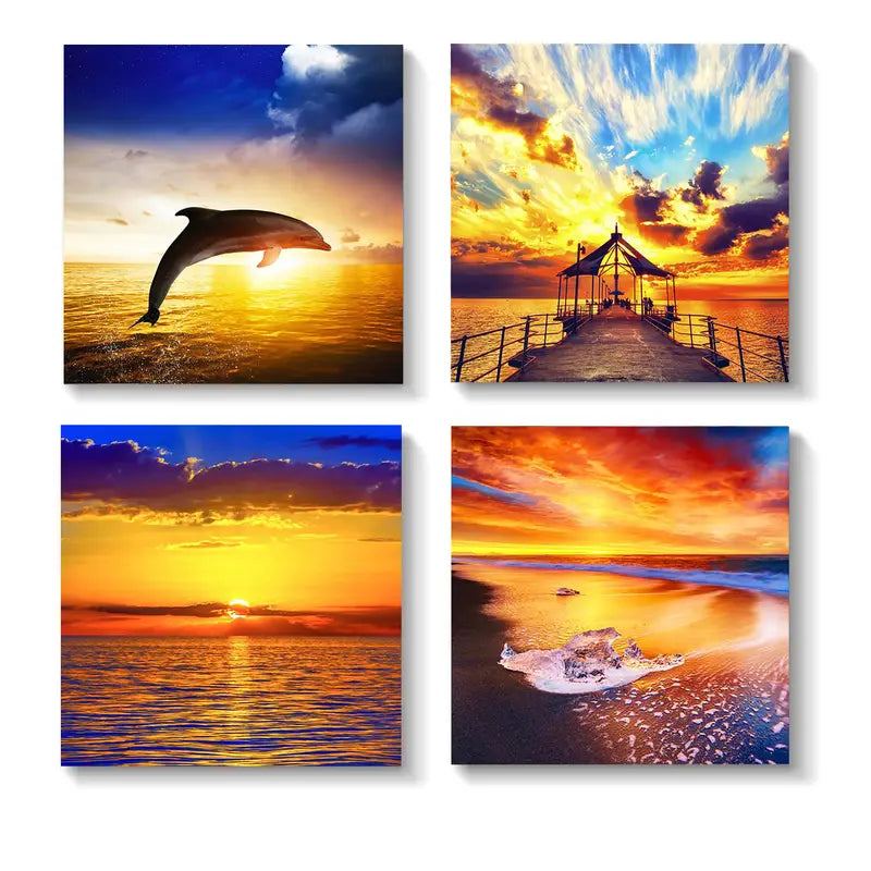 4pcs Sunset Ocean Coastal SO  Wall Art Canvas Framed