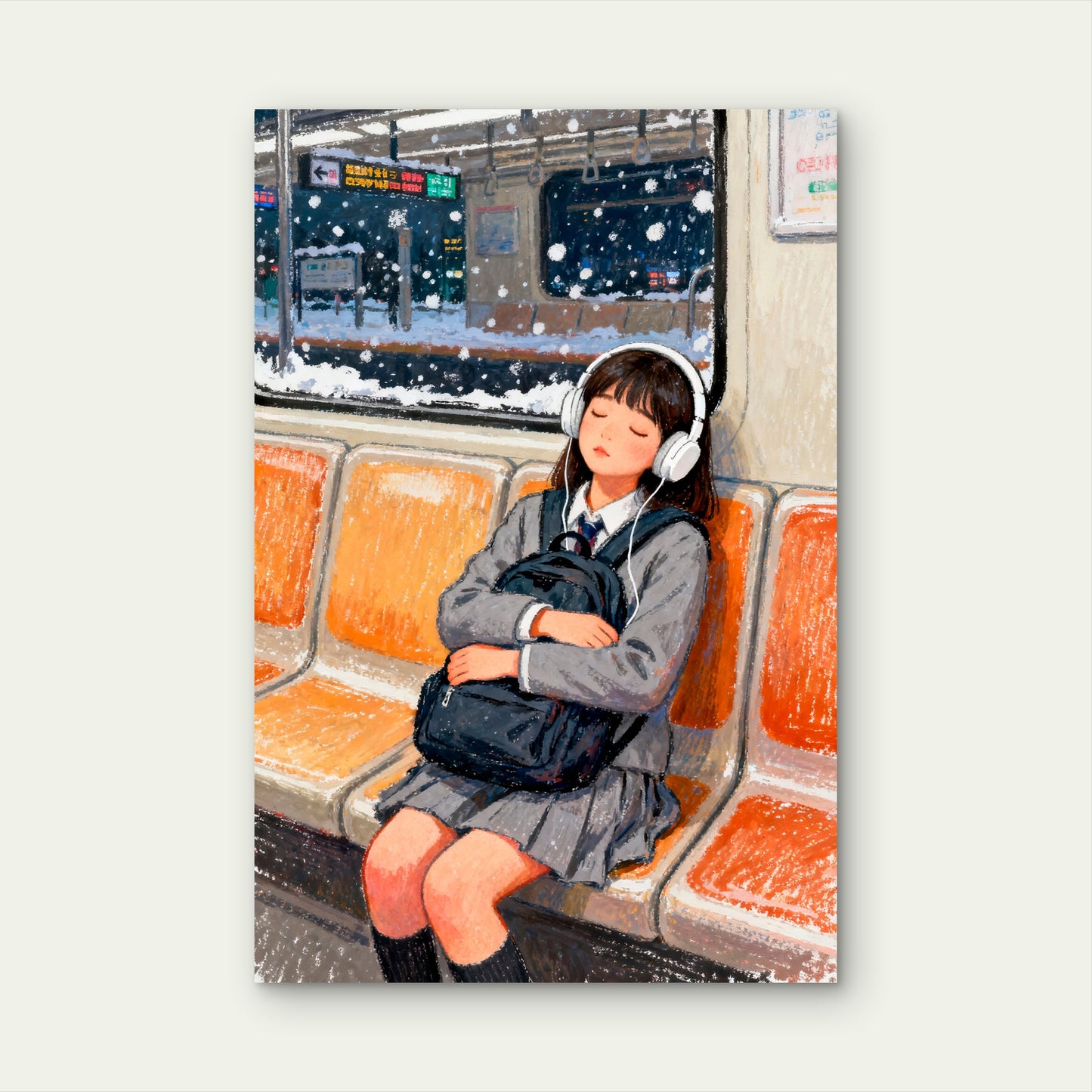 Female Student Asleep on a Snowy Train 60x90cm Metal Print Ready to Hang