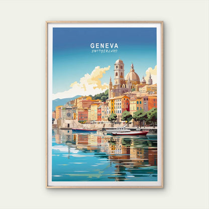 Geneva Switzerland, Coast Houses & Boats Travel Poster Print Wall Art