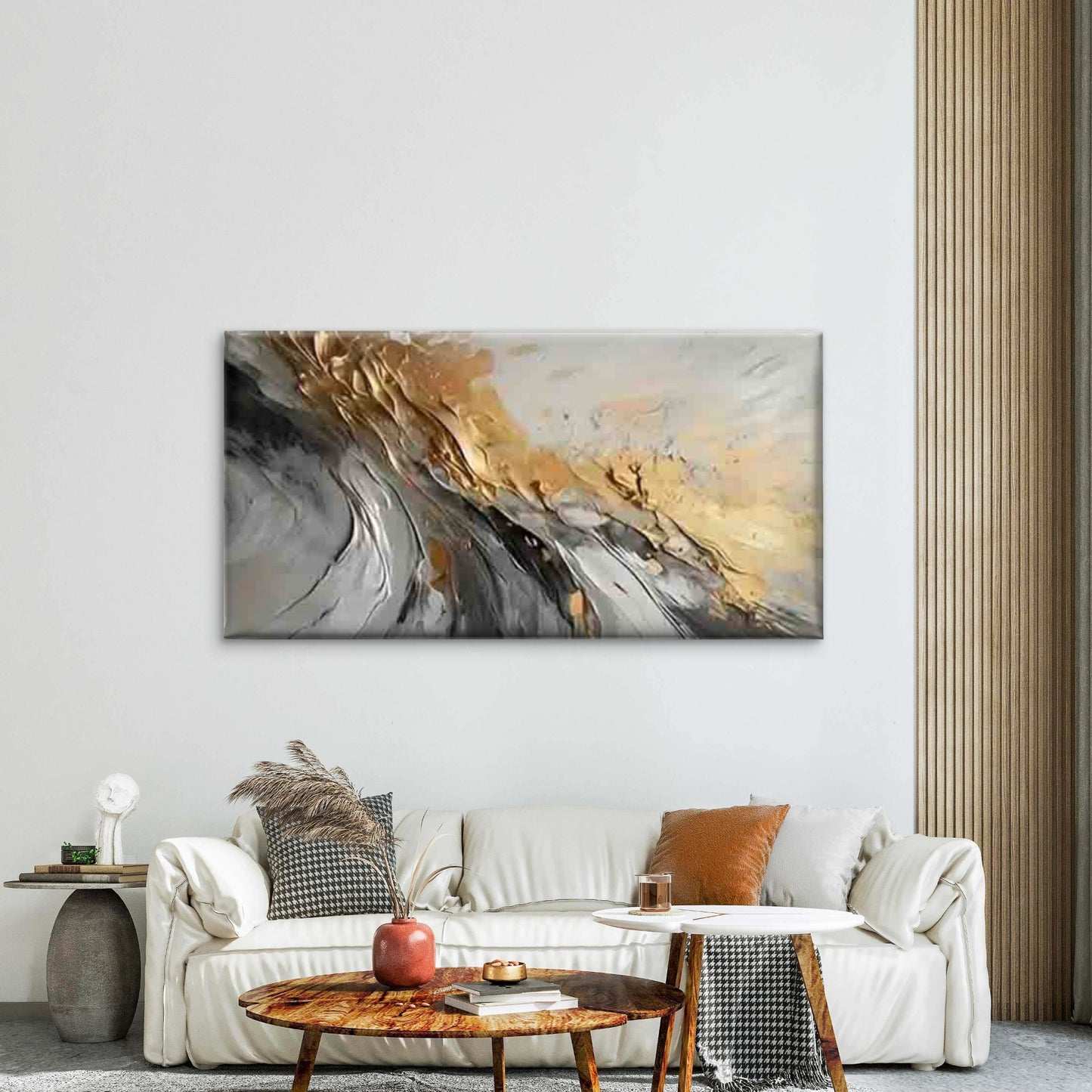 Golden Waves on Black and White Wall Art Canvas Office Home Room Framed 120x60cm