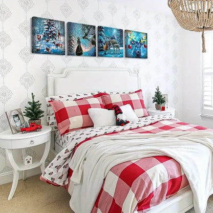 4pcsElk And Snow Night Picture Painting Wall Art Canvas Framed