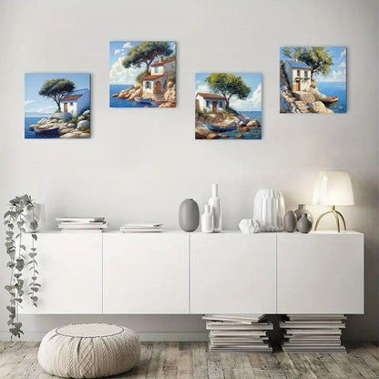 4pcs Beach, Boat, And Cabin Scenes Wall Art Canvas Framed