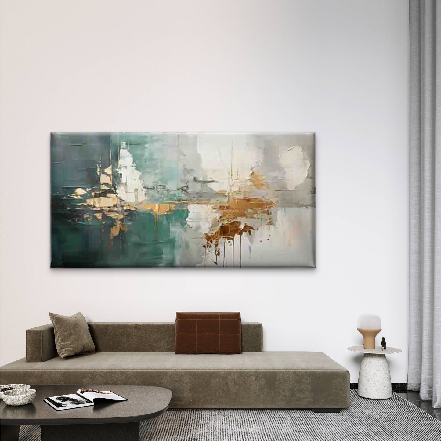 Teal, White & Golden Abstract Wall Art Canvas Office Home Room Framed 120x60cm - Bella Home Decor