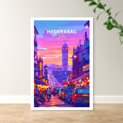 Hyderabad India Pink & Purple Skyline Travel Poster Print Wall Art