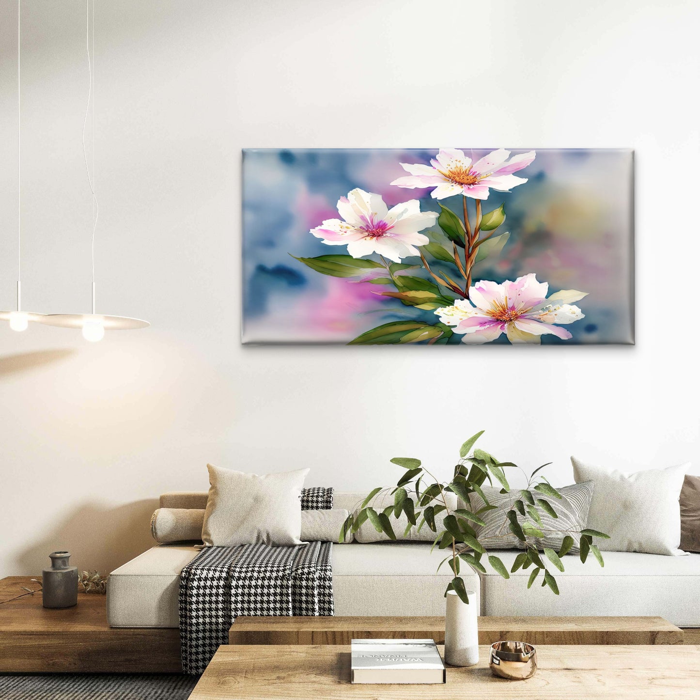 Pink Watercolor Spring Flowers Watercolor Paint Background Floral Wall Art Canvas Office Home Room Framed 120x60cm