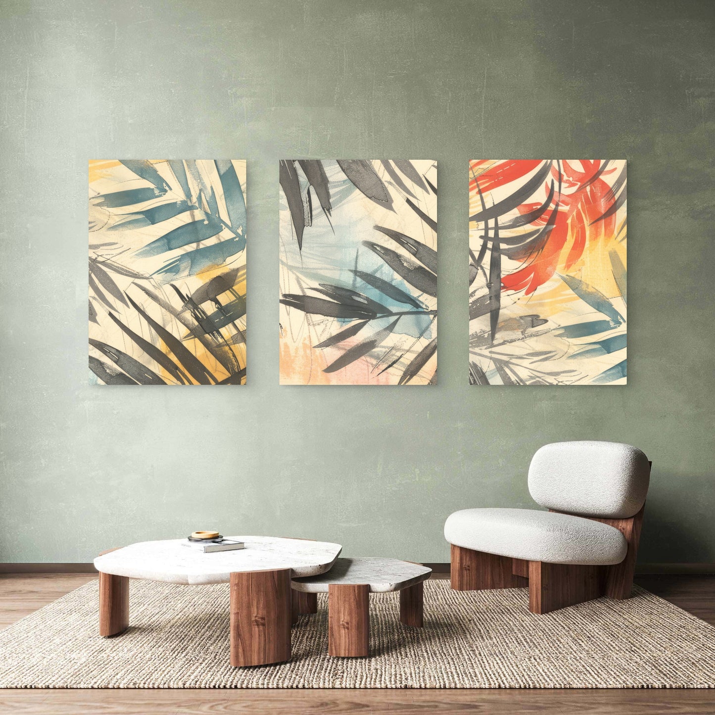 3pcs Tropical Palm Leaves Watercolor Boho  Wall Art Set Canvas Framed 50x70cm - High Quality Print 100% Australian Made Wall Canvas Ready to Hang