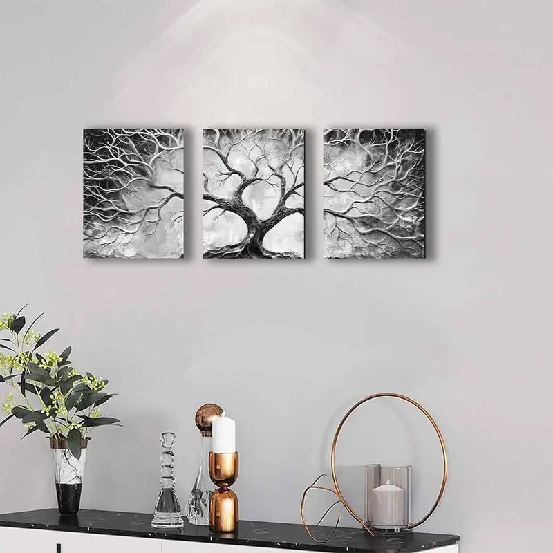 3pcs Black And White Tree Wall Art Metal Print Ready to Hang Art - Bella Home Decor