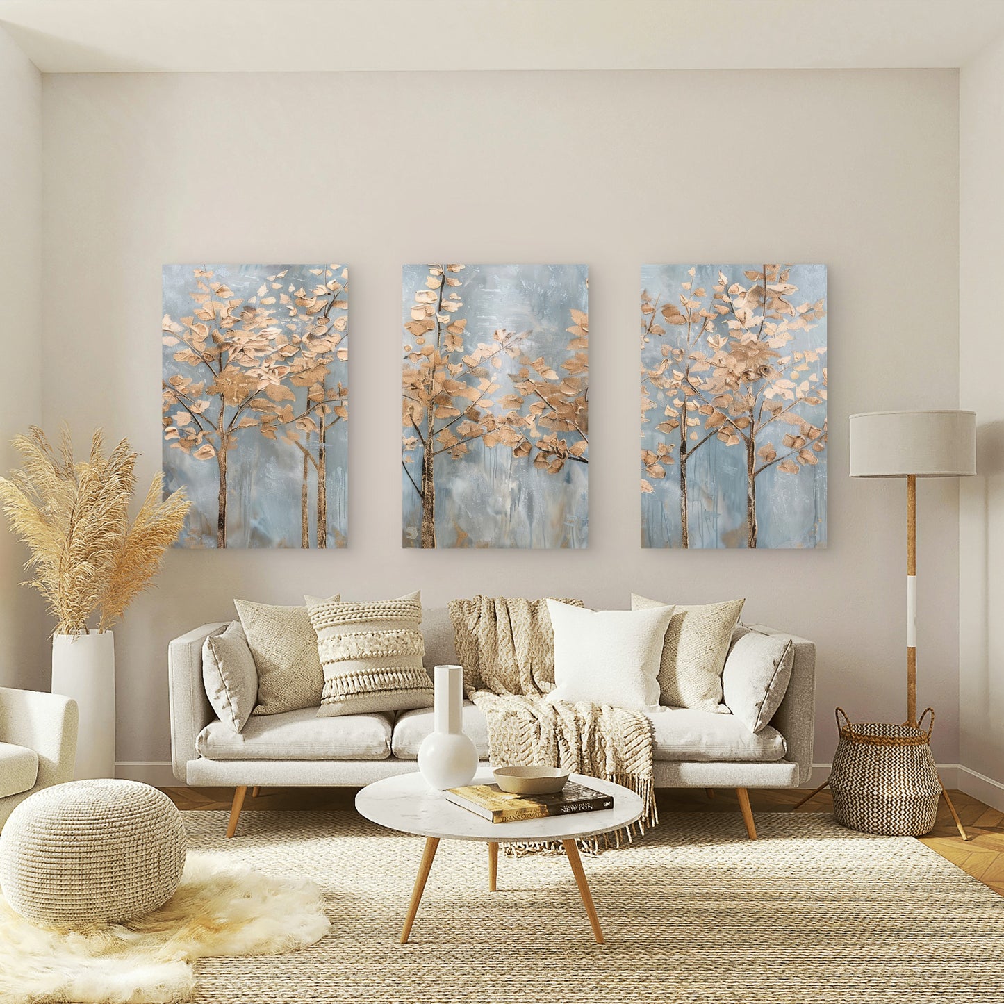 3pcs Abstract Gold Tree Blue Grey Woodland  Wall Art Set Canvas Framed 60x90cm - High Quality Print 100% Australian Made Wall Canvas Ready to Hang