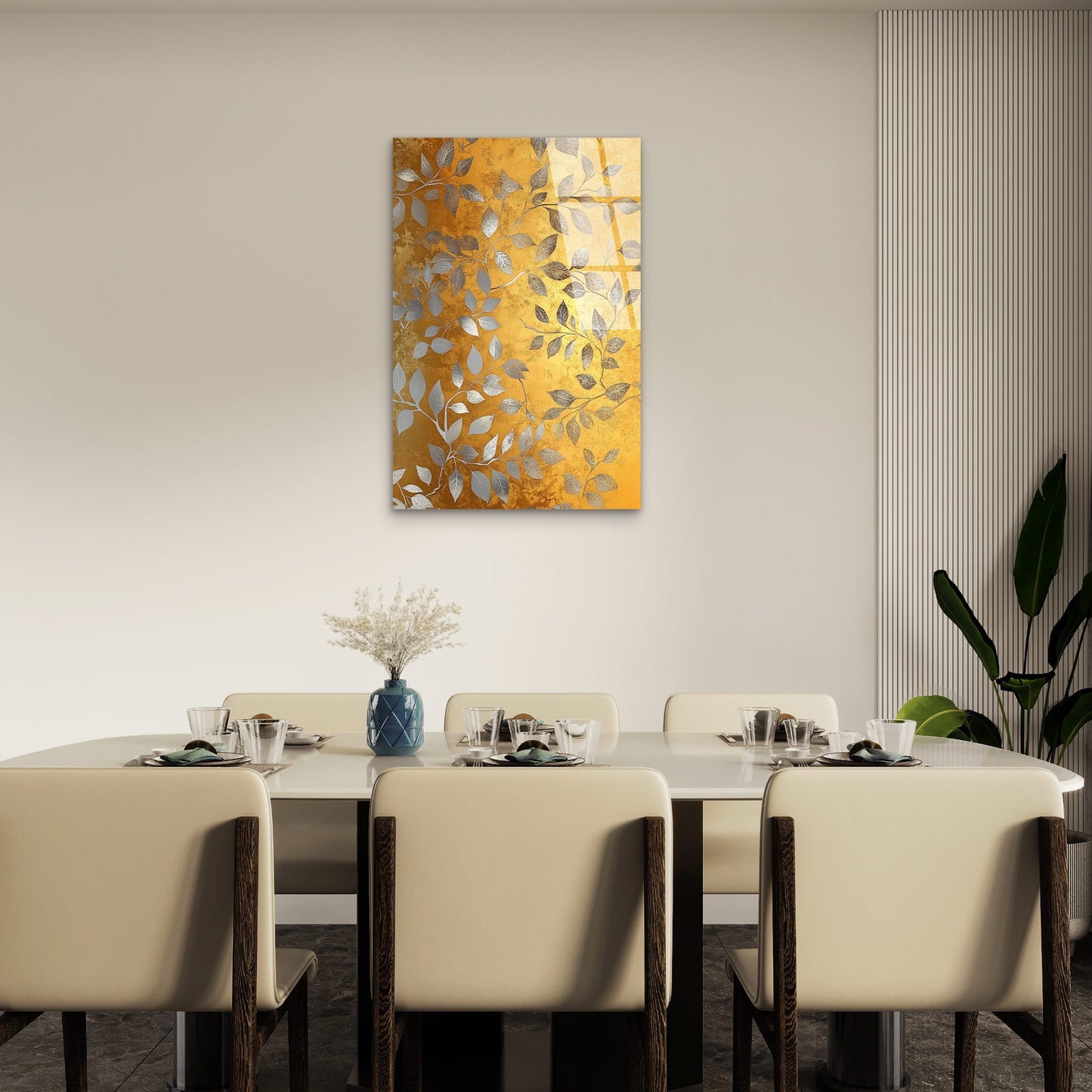 Silver Metallic Leaves Gold Acrylic Glass Printing Wall Art Australian Made Quality