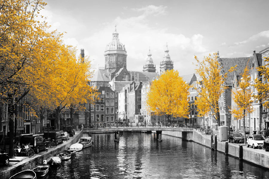 Autumn Trees B&W City Lake & Boats Photograph 90x60cm Print 100% Australian Made