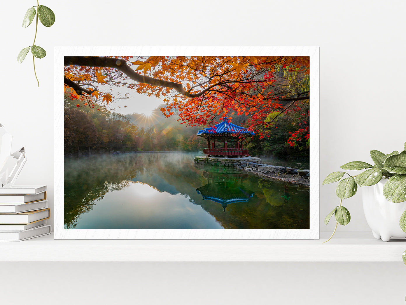 Autumn Leaves On Shore Of The Lake Glass Framed Wall Art, Ready to Hang Quality Print Without White Border White