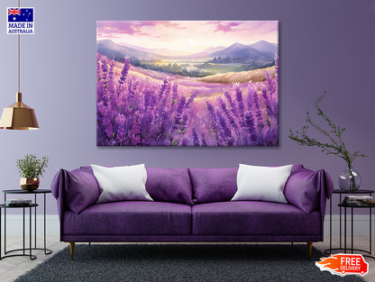 Field Of Purple Flowers, Sky & Mountains Print 100% Australian Made - Bella Home Decor