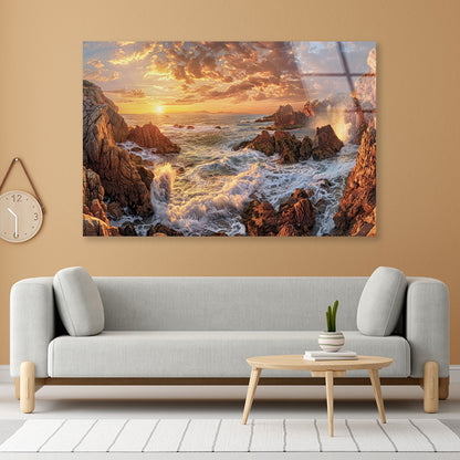 Rocky Coastline at Sunset with Waves Acrylic Glass Print Tempered Glass Wall Art 100% Made in Australia Ready to Hang - Bella Home Decor