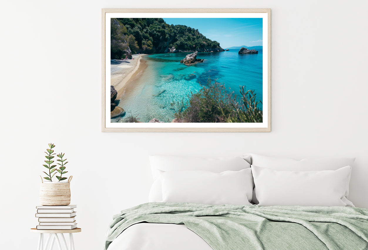 Beach, Blue Ocean and a Rocky Shore Home Decor Premium Quality Poster Print Choose Your Sizes