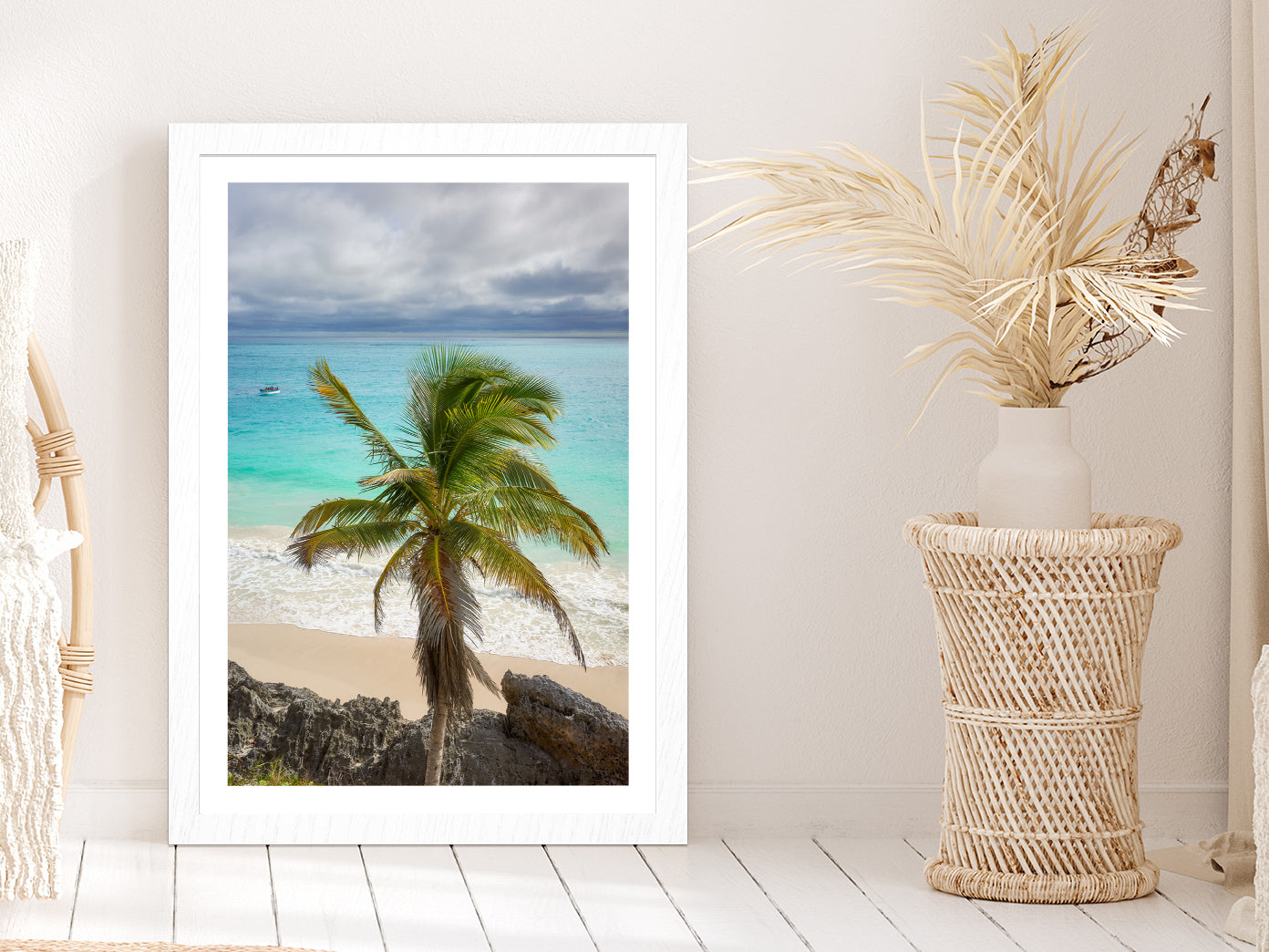 Palm Tree & Rocks near Beach Photograph Glass Framed Wall Art, Ready to Hang Quality Print With White Border White