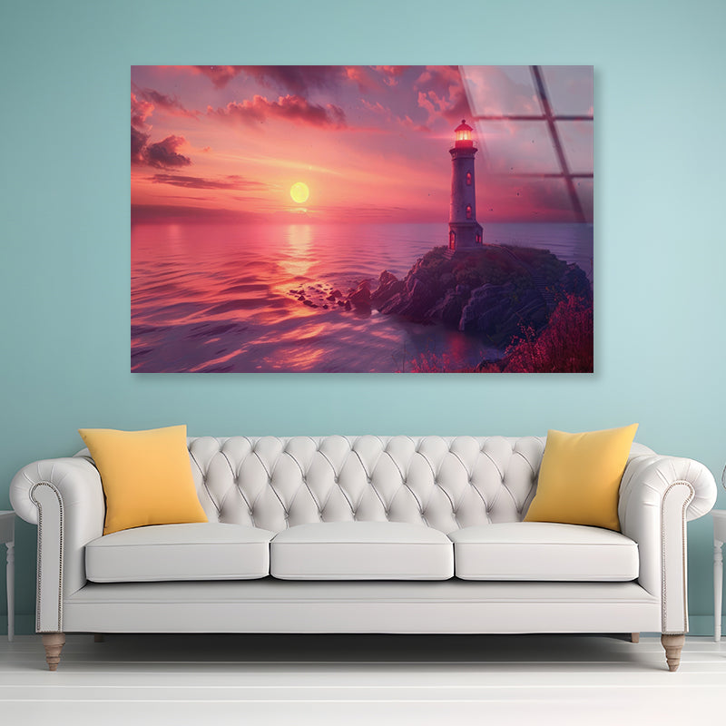 Lighthouse Standing On a Rocky Shore & Sky Acrylic Glass Print Tempered Glass Wall Art 100% Made in Australia Ready to Hang - Bella Home Decor